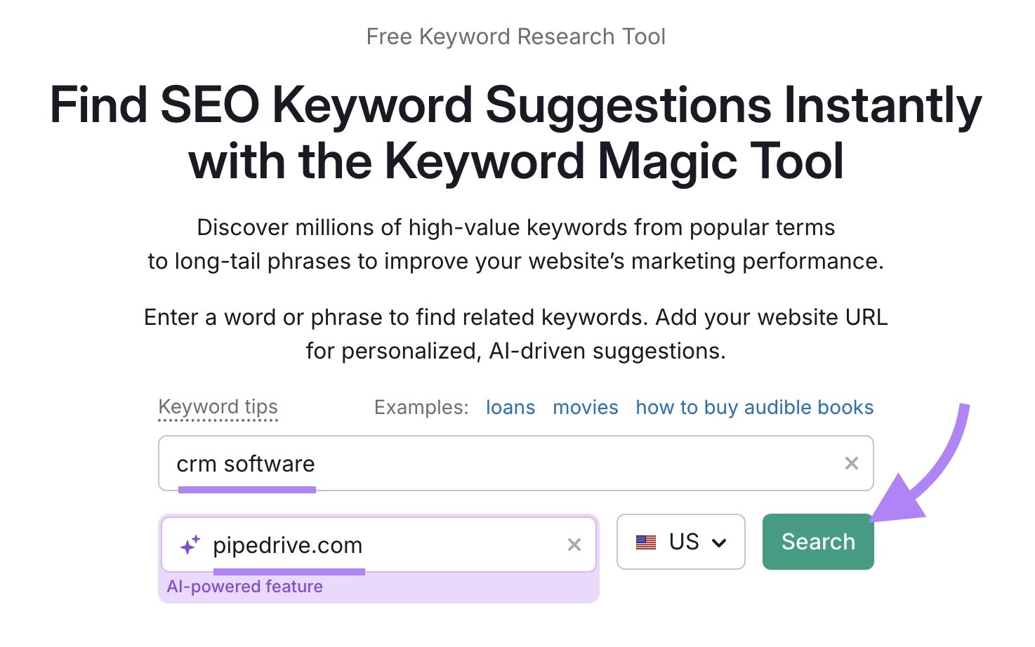Keyword Magic Tool with "crm software" entered as the term, "pipedrive.com" as the domain, and "Search" clicked.